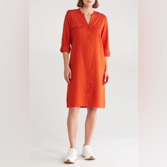 Calvin Klein 3/4 Sleeve Front Button Shirt Dress Linen Blend V Neck 6 - Picture 1 of 7